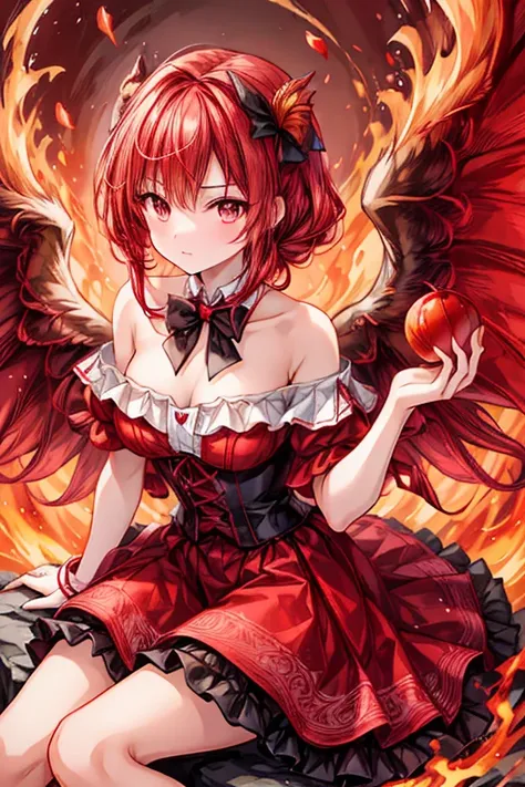 Cute girl, red long hair, red off-shoulder dress, corset, bow tie, holding an fireball, red wings of the phoenix, best quality, sitting on a rock