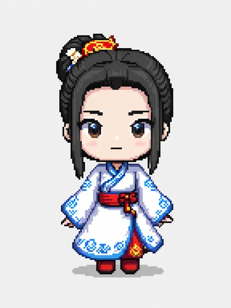 pixel art, china, character de jogo adulto, color white, roupa white, simple white background, game icon, 64 bit style