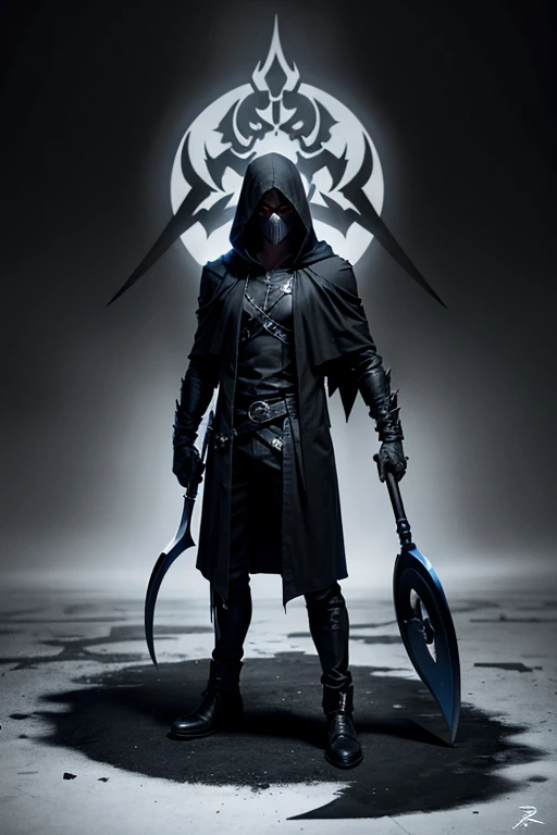 A half-human, half-demon character with death powers with a black hood and a black scythe 