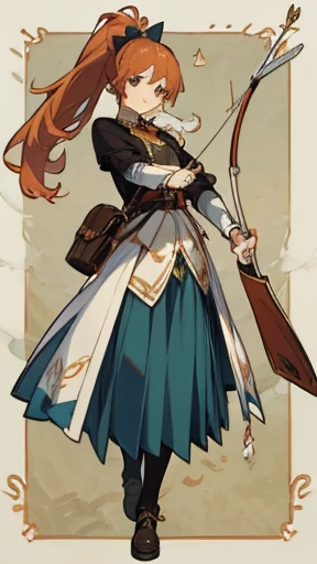 Victorian style, British background, full body picture, figure, Standing image,Full body picture，figure设定图，Three views of charactermorpg，Apricot hair，High Ponytail，Holding a bow and arrow，Archer，1 girl，Imperial sister body type，Bow and Arrow Bag，Western Fa...