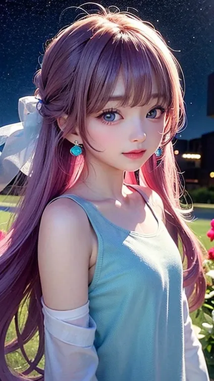 Turquoise eyes、(highest quality, masterpiece), One girl, Pause, particle, Wind, flower, Upper Body, Simple Background, View your viewers, , Milky Way,smile、（（See-through、pink、blouse））mysterious、（Silver Long Hair、Some have red hair）、Earrings、Twin tails、blue...