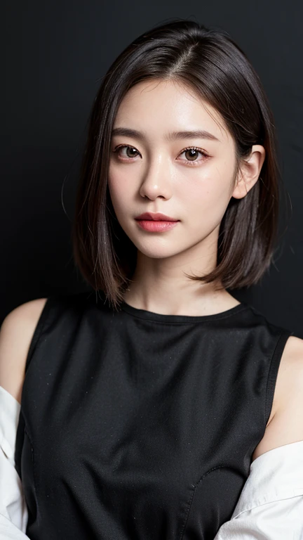 (((close-up of face)))、(((absolutely shoulder-length brown straight short bob)))、(((she is posing like a hair salon model, with ...