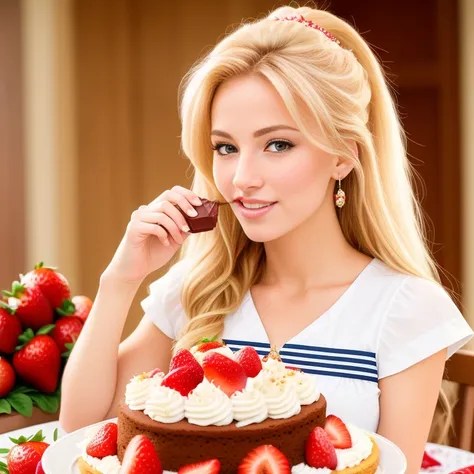 (best quality,4k,8k,high res,masterpiece:1.2),ultra-detailed, photorealistic, flaxen blonde hair,long hair, Mature and beautiful, realistic portrayal:1.2 Sailor Moon eating chocolate strawberries chip cake