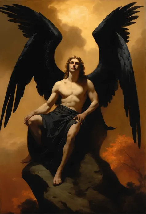 painting of a male angel sitting on a rock with a black bird, Oil canvas of Lucifer, Portrait of the Angel of Death, autumn angel, luis ricardo falero, angel looking at demon, dark angel, Angel in Hell, thanatos, Daniel, inspirado por Carl Heinrich Bloch, ...