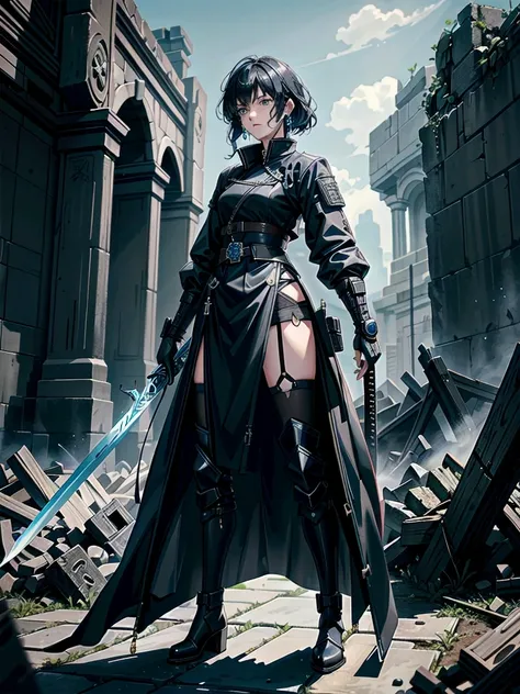 long blue great sword, Ruins, tech boots, black jacket, samurai, absurdres, RAW photo, extremely delicate and beautiful, masterpiece, Best Quality, ultra high resolution, 32k, hyperrealistic, ultra-detailed, tearful mole, earring, short medium hair, wavy h...