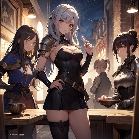 A group of  female medieval fantasy adventurers, (in tavern), various hair styles, harem, night, details face, short skirt, seducing, sleeveless, armor 