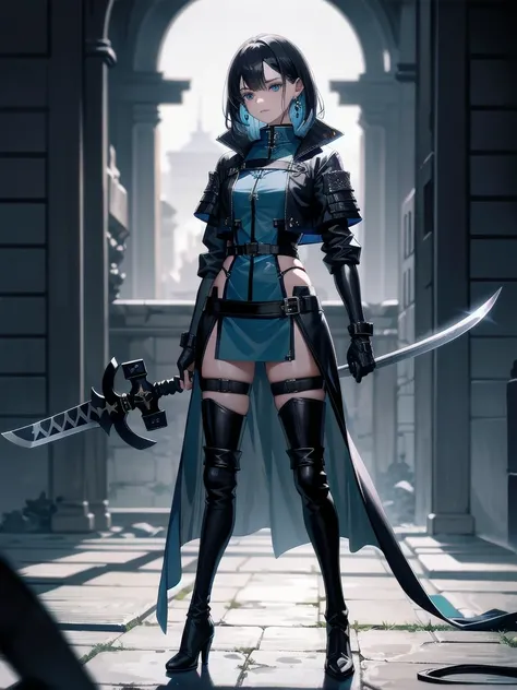 long blue great sword, Ruins, tech boots, black jacket, samurai, absurdres, RAW photo, extremely delicate and beautiful, masterpiece, Best Quality, ultra high resolution, 32k, hyperrealistic, ultra-detailed, tearful mole, earring, short medium hair, wavy h...