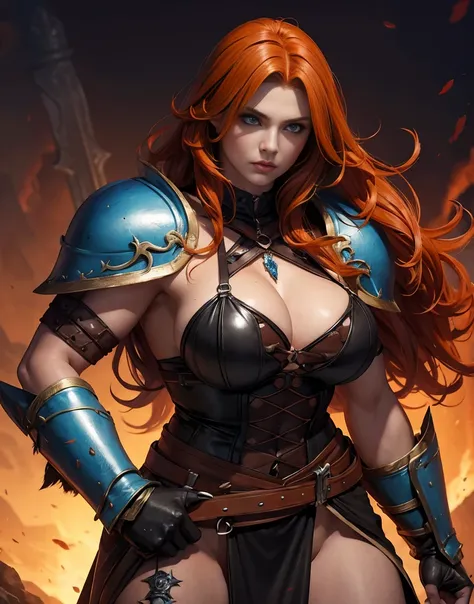 Beautiful barbarian warrior woman wavy orange hair blue eyes muscular body perfect breasts leather armor fur coat big sword in her hand drawn dark fantasy berserck style