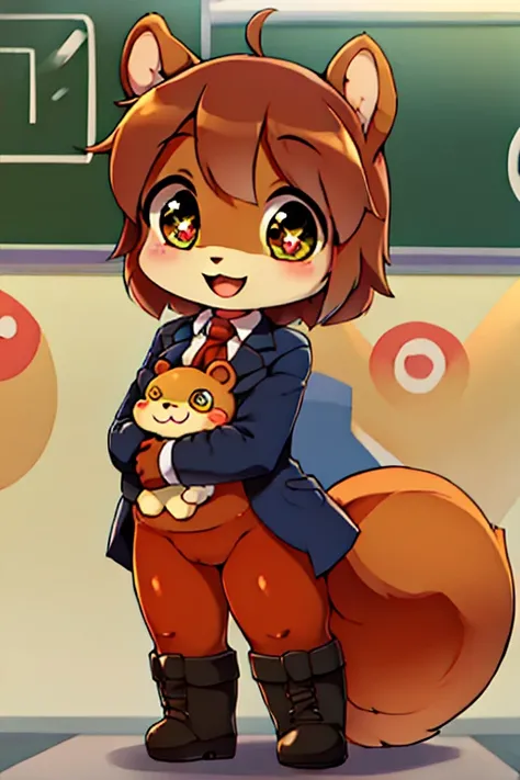 boy, squirrel, furry, bodyfur, blazer, bottomless, color tights, gloves, boots, chibi, happy, sparkling eyes, train, baby