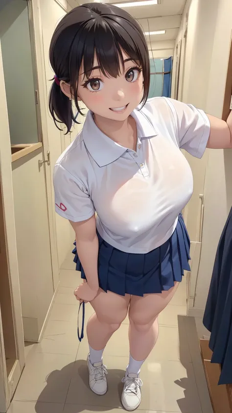 (masterpiece,highest quality,High resolution,Realistic,photograph:1.2),(One high school girl:1.2), (((White polo shirt), Navy blue pleated skirt), (White sneakers), White socks),(Smiling with some teeth showing and eyes narrowed:1.3),(Brown hair ponytail, ...