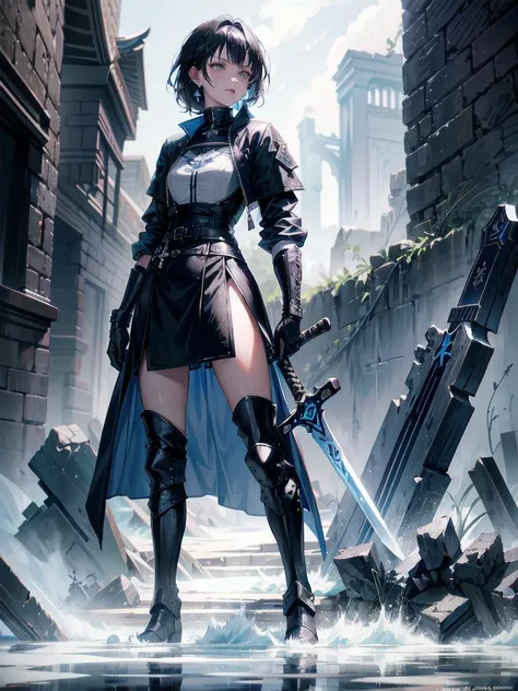 long blue great sword, Ruins, tech boots, black jacket, samurai, absurdres, RAW photo, extremely delicate and beautiful, masterpiece, Best Quality, ultra high resolution, 32k, hyperrealistic, ultra-detailed, tearful mole, earring, short medium hair, wavy h...