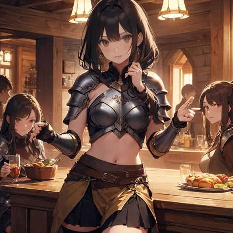 A group of  female medieval fantasy adventurers, (in tavern), various hair styles, harem, night, details face, short skirt, seducing, sleeveless, armor, midriff 