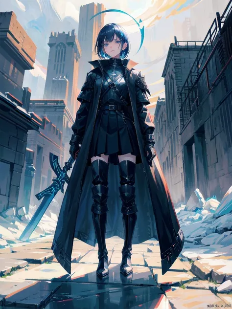 long blue great sword, Ruins, tech boots, black jacket, samurai, absurdres, RAW photo, extremely delicate and beautiful, masterpiece, Best Quality, ultra high resolution, 32k, hyperrealistic, ultra-detailed, tearful mole, earring, short medium hair, wavy h...