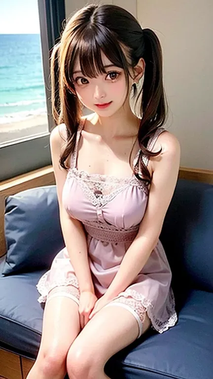 、（See-through、Pink lace skirt）, 　suspenders, Brown hair Gray eyes, Garter belt on the legs, タイトなSee-throughなワイシャツ服,  internal、Armpit sweat、sofa、bed、smile、Embarrassing、Lock、（Silver、Twin tails、Long Hair）、Wet、Thick thighs、blue sky、Ocean