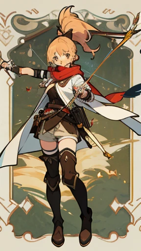 Victorian style, British background, full body picture, figure, Standing image,Full body picture，figure设定图，Three views of charactermorpg，Apricot hair，High Ponytail，Holding a bow and arrow，Archer，1 girl，Imperial sister body type，Carrying a bow and arrow bag...