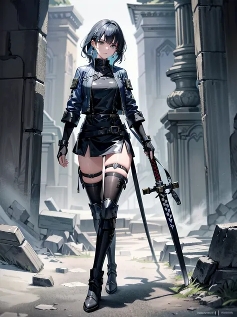 long blue great sword, Ruins, tech boots, black jacket, samurai, absurdres, RAW photo, extremely delicate and beautiful, masterpiece, Best Quality, ultra high resolution, 32k, hyperrealistic, ultra-detailed, detailed beautiful face and eyes, tearful mole, ...