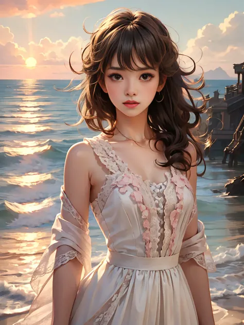 (Vision)，(panoramic:1.5)，(Wide-angle shooting:1.3)，1girl, beauty, Short brown hair，Beautiful eyes，The background is the pink sea under the sunset，Lolita style，Second Dimension，Masterpiece，High quality and high resolution，comics，Small fresh, (whole body:1.8...