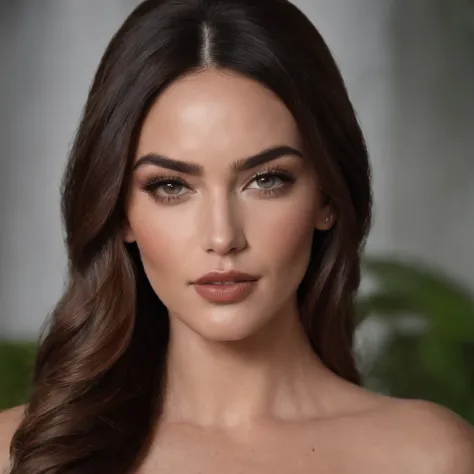 Uma mulher brasileira 28 anos , atraente , with features of an Indian woman, Mexicano, corpo de modelo , rosto alongado,Megan Fox, Meadison Beer,olhos castanhos, cabelo castanho escuro , preenchimento labial, upper lips, ultra realismo, corpo sensual, 