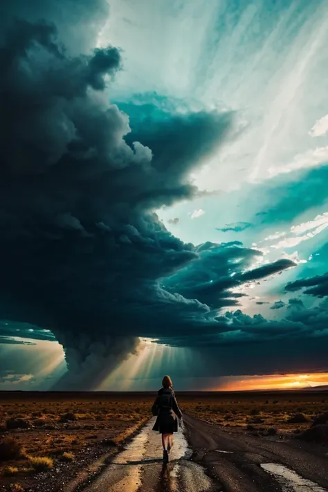 woman walking in an apocalyptic landscape, dramatic clouds