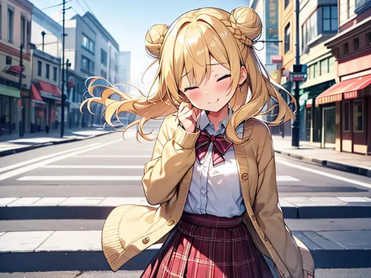 Top quality, 1 beautiful woman, junior high school student, Blonde, Medium Hair, Wavy Hair, (single Bun Hair), Hair blowing in the wind, standard weight, happy, closed eyes , blush, Cardigan, plaid frill skirt, beautiful scene of main street