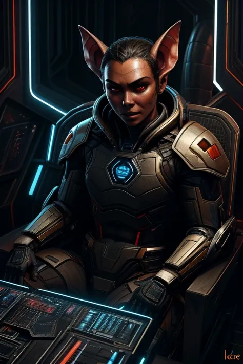 portrait, detailed face, cinematic, (humanoid alien anthropomorph bat), ((androgynous)), wearing black high tech armor, red colored eyes with no iris, sitting in a commander chair, high tech spaceship command bridge background, dark evil environment, (art ...