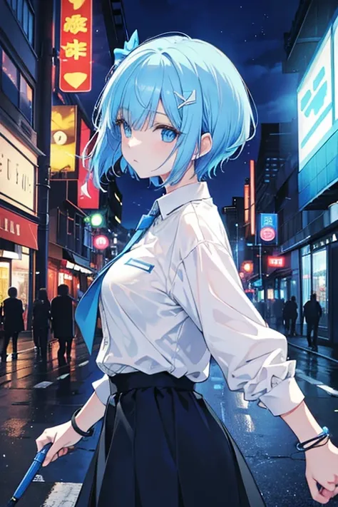 (Best quality, Masterpiece:1.3), vivid Copic marker anime illustration, maintains a 3:1 head-to-body ratio, 1 girl, short hair, ice blue hair, bangs, blue eyes, future uniform, white and blue with black accents, glowing bracelet, glowing hairpin, no belong...