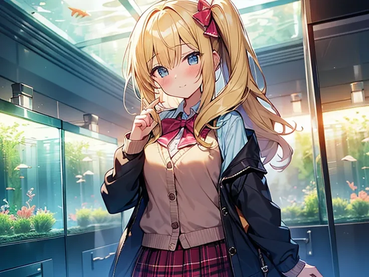 Top quality, 1 beautiful woman, junior high school student, Blonde, (side ponytail), Medium Hair, Wavy Hair, standard weight, happy, clised eyes, blush, Cardigan, frill skirt, (Neon Lights):1.3, (in aquarium building), beautiful scene, cowboy shot