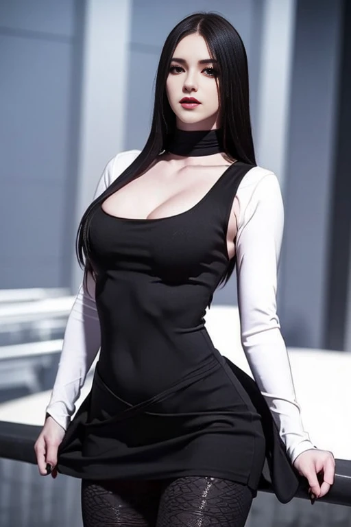 hyper realistic, 16k, best quality, masterpiece, (photorealistic:1.4), 1girl (alone), solo. Pretty young. Gothic aesthetic, goth makeup, black silky hair (realistic texture), without hair fringe,  realistic eyes, pele-white skin, illuminated skin, realisti...