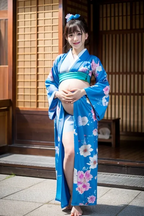 Cute girl pregnant wearing blue kimono full body
