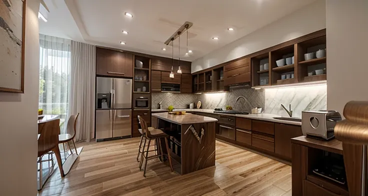 minimalist kitchen, panel made by walnut, small reveal