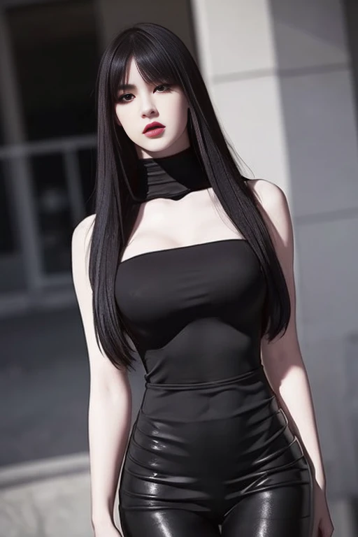 hyper realistic, 16k, best quality, masterpiece, (photorealistic:1.4), 1girl (alone), solo. Pretty young. Gothic aesthetic, goth makeup, black silky hair (realistic texture), without hair fringe,  realistic eyes, pele-white skin, illuminated skin, realisti...