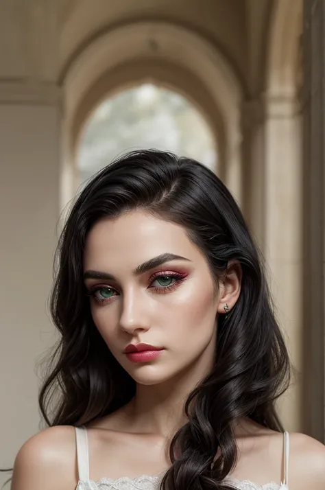 (masterpiece, high quality, best quality:1.3), extremely detailed, realistic, (hyperrealistic:1.2), fine texture, Extremely high-resolution details, (beautiful:1.2), (white skin), young 25 years old, green eyes, (monolid eyes, arched eyebrows, eyelash, eye...