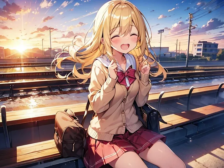 Top quality, 1 beautiful woman, junior high school student, Blonde, (pig tail), Medium Hair, Wavy Hair, Hair blowing in the wind, standard weight, laugh with an open mouth, closed eyes, blush, sitting, Cardigan, frill skirt, sunset, (station platform), bea...