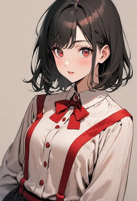 young woman with black hair and red bow, wearing classic clothes with red details