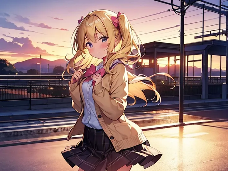 Top quality, 1 beautiful girl, junior high school student, Blonde, (pig tail), Medium Hair, Wavy Hair, Hair blowing in the wind, standard weight, happy, blush, Cardigan, frill skirt, sunset, (station platform), beautiful scene, cowboy shot