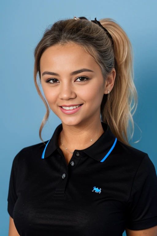 close up portrait photograph of ash1ynn, a woman with a black polo shirt smiling for a picture in a studio photo with (a blue background:1.3), hair in a ponytail, id photo, high school background, depth of field, f22,  detailed skin texture, (blush:0.5), (...