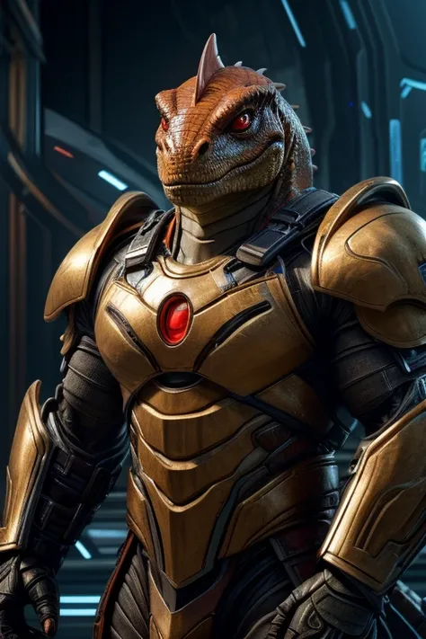 portrait, masterpiece, cinematic, detailed face, (alien antropomorph reptile), (male), large, bulky, muscular, orange skin, scaly skin, reptile eyes, red eyes, standing up, wearing armor, futuristic armor, serious expression