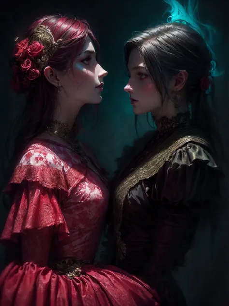 HighestQuali，tmasterpiece：1.2，Detailed details，4k realistic Roman mythology, Kizi, Halloween dress up，Steampunk Gothic Victorian style, deep colour, psychology, surrealism, Sublimation, subconscious, Emotions, enthusiasm, In pink、White and red details, ros...