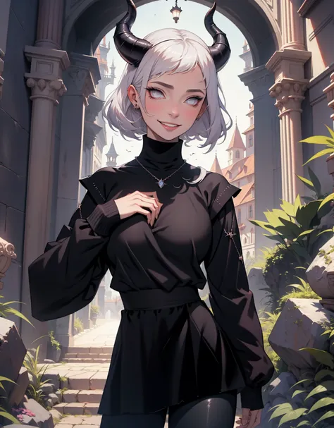 1 mulher, dressed up as maleficent, strong emotions, hinata, cabelo curto, (cabelo preto!!) , luz, foco, como malevola, corpo inteiro, horns on head, solo, magia ao seu redor, she is in front of a castle,(leggings and black blouse),  from head to toe ((cor...