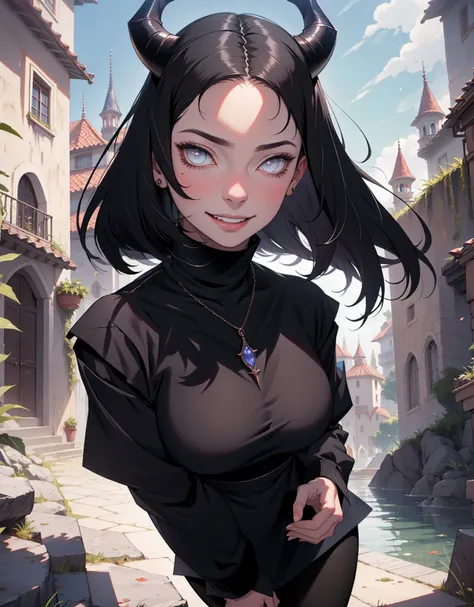 1 mulher, dressed up as maleficent, strong emotions, hinata, cabelo curto, (cabelo preto!!) , luz, foco, como malevola, corpo inteiro, horns on head, solo, magia ao seu redor, she is in front of a castle,(leggings and black blouse),  from head to toe ((cor...