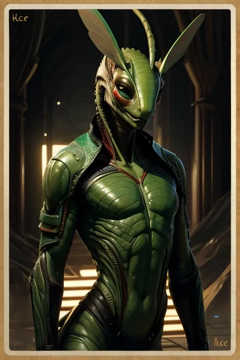 portrait, cinematic, masterpiece, detailed face, (alien), (mantis), ((androgynous)), very tall, skinny,  dark green skin, (art by Incase)