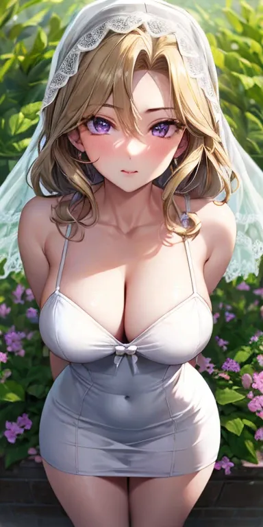 masterpiece, best quality, ultra-detailed, illustration,masterpiece, Best quality, high resolution, high resolution, blonde hair, purple eyes,beautiful detailed eyes, looking at viewer in a seductive look, close up, (breast focus), (arms behind back:1.2), ...