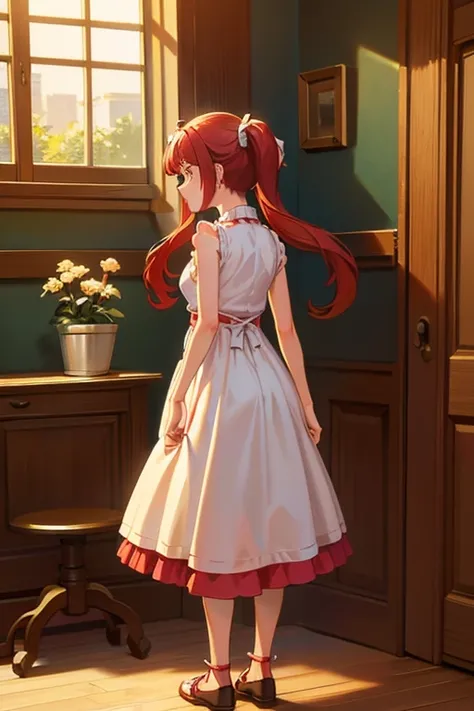 masterpiece, highest quality, Short girl, Red hair, Twin tails,witch, standing on the floor, placing their hands down and arching their back, resembling the shape of a shrimp.