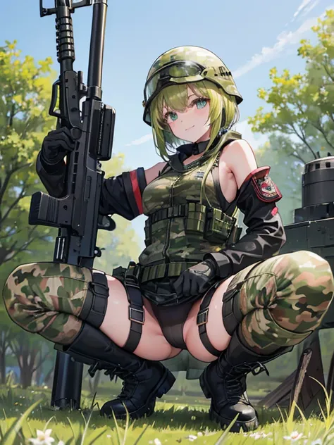 masterpiece, highest quality, One girl, army, A seductive smile, Camouflage helmet, Bob Hair, Squat, Outdoor, camo jacket, gloves, army boots, From below, Feet Focus, Spread your legs, m16a1, Have a weapon,Black lace,,T-Shirts,Tank top,