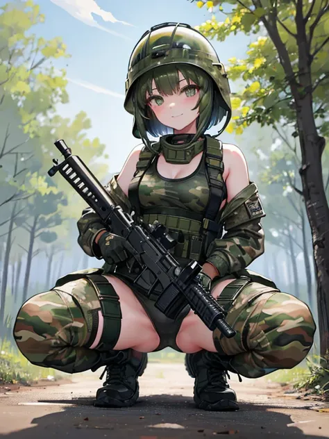 masterpiece, highest quality, One girl, army, A seductive smile, Camouflage helmet, Bob Hair, Squat, Outdoor, camo jacket, gloves, army boots, From below, Feet Focus, Spread your legs, m16a1, Have a weapon,Black lace,,T-Shirts,Tank top,