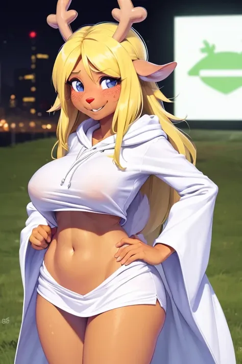 (noelle, furry female anthro, blonde hair, deer girl, red deer nose, white eyes, white pupils, white robe, hooded robe, big breasts, midriff), hands on hips, wide hips, green neon city, smiling, blushing