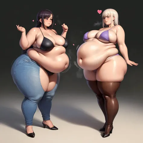 A young woman in a bikini, massive bloated overstuffed heavy protruding bulging obese belly, hyper massive fat tall wide round heart shaped bubble butt, wide fat hips, massive fat round breasts, deep long cleavage, so full it hurts, gurgling belly, sloshin...