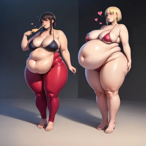 A young woman in a bikini, massive bloated overstuffed heavy protruding bulging obese belly, hyper massive fat tall wide round heart shaped bubble butt, wide fat hips, massive fat round breasts, deep long cleavage, so full it hurts, gurgling belly, sloshin...