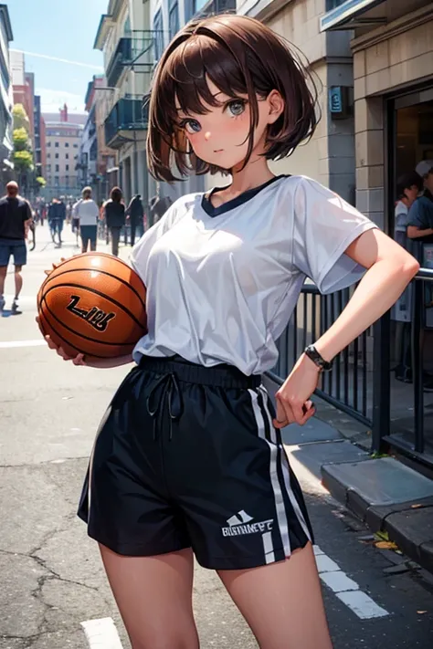 1girl,solo,cute,brown hair and short hair,casual fashion,have a basketball,jumping,in court,street basketball