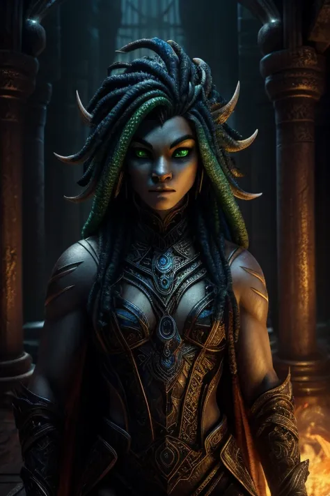 portrait, masterpiece, cinematic, detailed face, (anthropomorph scyphozoa), (androgynous), tentacle hair ,green eyes, dark blue skyn, temple background, dark evil environment